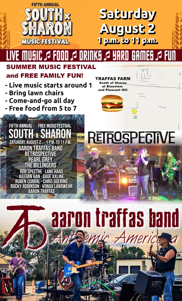 Flyer for South x Sharon Music Festival at Traffas Farm in Sharon, in south-central Kansas