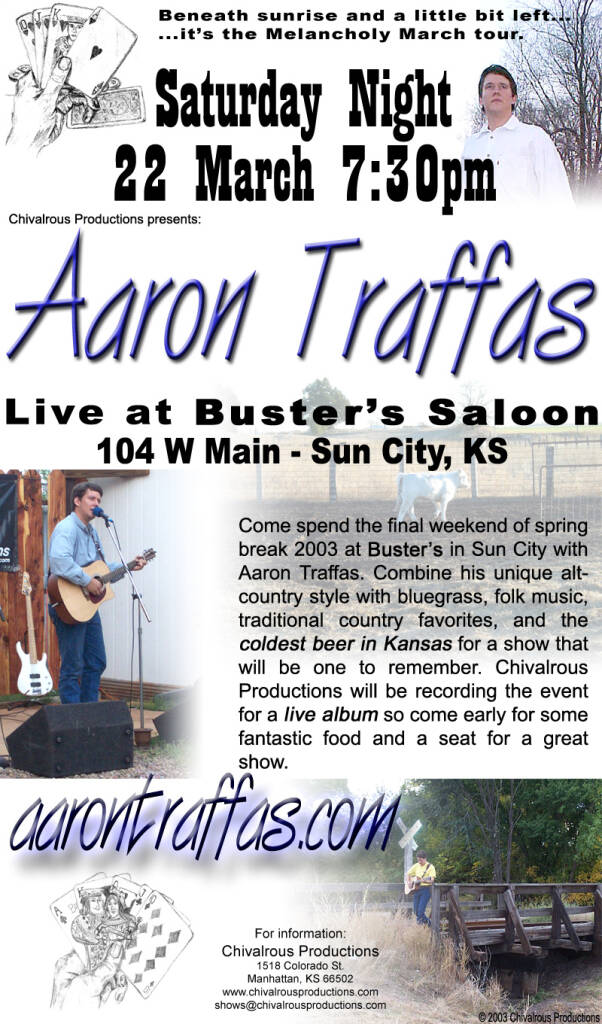 Flyer for Aaron Traffas at Buster's Saloon in Sun City, in south-central Kansas