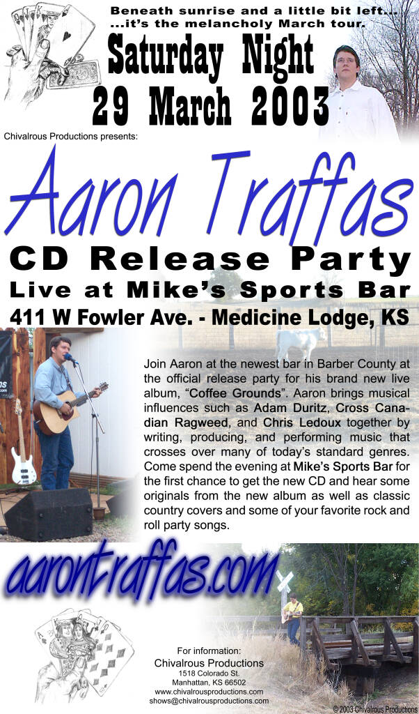 Flyer for Aaron Traffas at Mike's Sports Bar in Medicine Lodge, in south-central Kansas