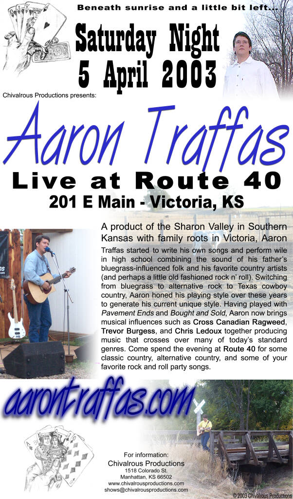 Flyer for Aaron Traffas at Route 40 in Victoria, Kansas