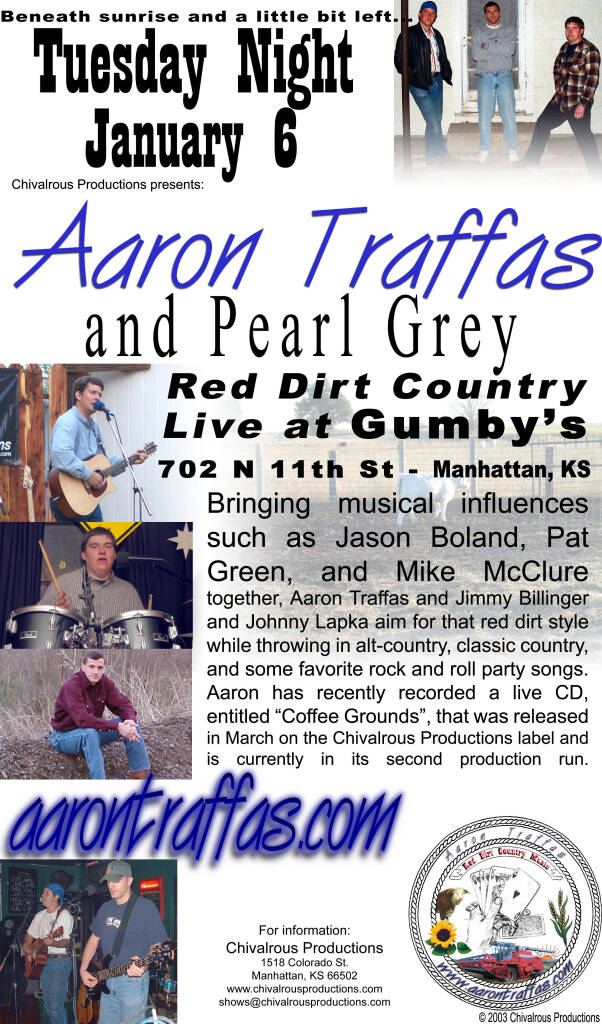 Flyer for Aaron Traffas and Pearl Grey at Gumby's Pizza in Manhattan, in northeast Kansas