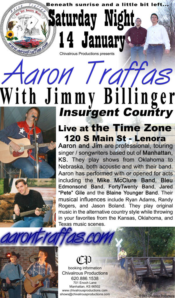 Flyer for Aaron Traffas with Jimmy Billinger at Time Zone in Lenora, northwest Kansas
