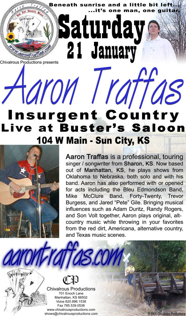 Flyer for Aaron Traffas at Buster's Saloon in Sun City, in south-central Kansas