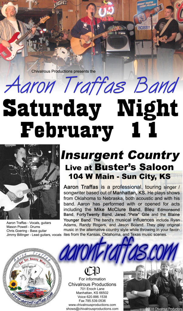 Flyer for Aaron Traffas Band at Buster's Saloon in Sun City, in south-central Kansas