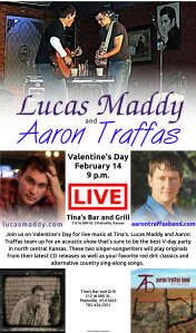 Flyer for Lucas Maddy and Aaron Traffas at Tina's Bar and Grill in Plainville, in north-central Kansas