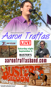 Flyer for Aaron Traffas at Buster's Saloon in Sun City, in south-central Kansas