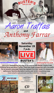 Flyer for Aaron Traffas and Anthony Farrar at Buster's Saloon in Sun City, in south-central Kansas