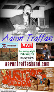 Flyer for Aaron Traffas at Buster's Saloon in Sun City, in south-central Kansas