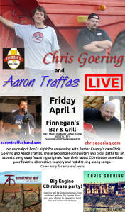 Flyer for Aaron Traffas and Chris Goering at Finnegan's Bar and Grill in Medicine Lodge, in south-central Kansas