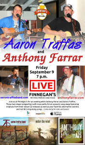 Flyer for Aaron Traffas and Anthony Farrar at Finnegan's Bar and Grill in Medicine Lodge, in south-central Kansas