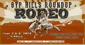 Flyer for Gyp Hills Roundup Rodeo at Memorial Peace Park Rodeo Arena in Medicine Lodge, in south-central Kansas