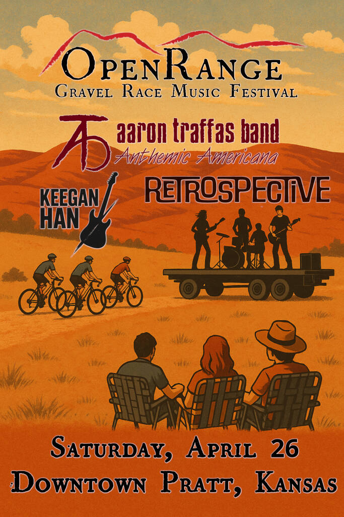 Flyer for Aaron Traffas Band at Open Range Gravel Race Music Festival in Pratt, in south-central Kansas