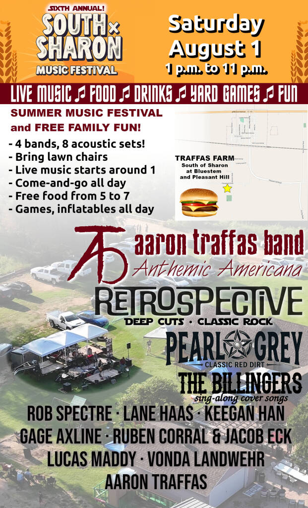 Flyer for South x Sharon Music Festival at Traffas Farm in Sharon, in south-central Kansas