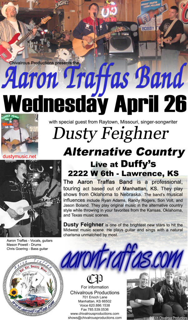 Flyer for Aaron Traffas Band at Duffy's in Lawrence, in east-central Kansas