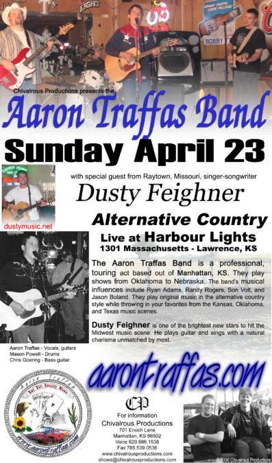 Flyer for Aaron Traffas and Dusty Feighner at Harbour Lights in Lawrence, in east-central Kansas