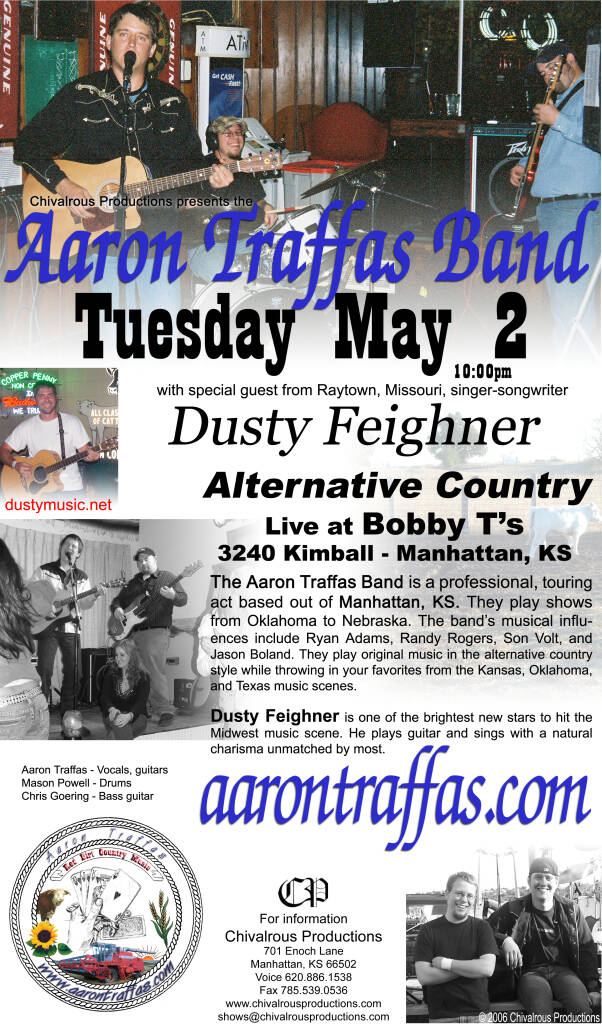 Flyer for Aaron Traffas Band and Dusty Feighner at Bobby T's in Manhattan, in northeast Kansas